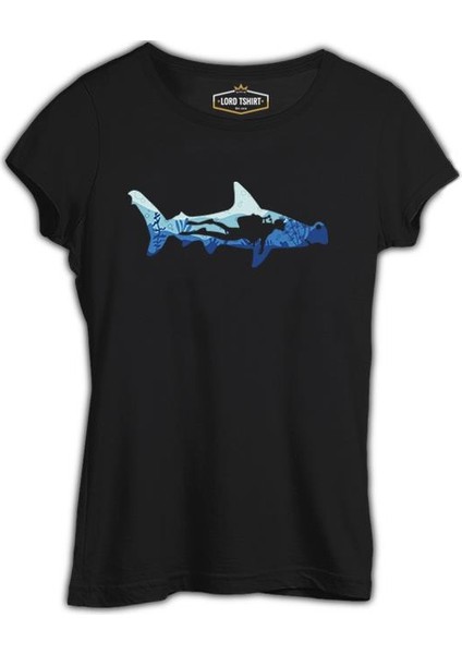 Diver Underwater In A Shark Silhouette Siyah Kadın Tshirt
