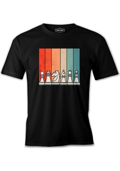 Chess Pieces With Rectangular Retro Sunset Background Siyah Erkek Tshirt