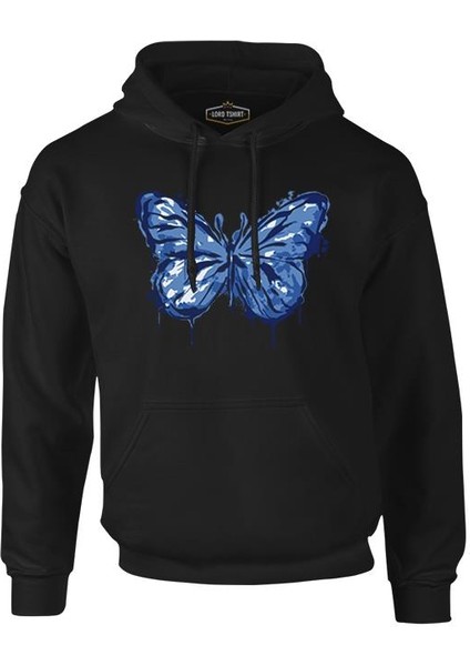 Beautiful Blue Butterfly Siyah Erkek Fermuarsız Kapşonlu
