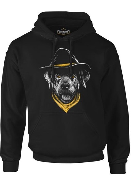 Dog Wearing A Hat And A Yellow Bandana Siyah Erkek Fermuarsız Kapşonlu