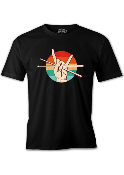 Hand Holding Drum Sticks And Making Rock Sign Siyah Erkek Tshirt