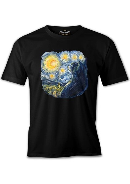 A Cat In Vang Gogh's Starry Night Siyah Erkek Tshirt