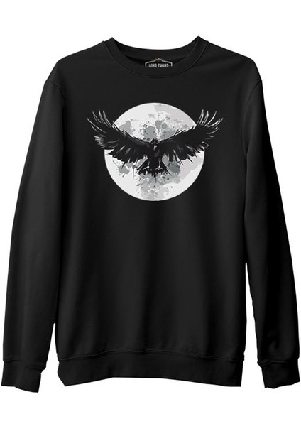 Raven Bird Wings And Moon Siyah Erkek Kalın Sweatshirt