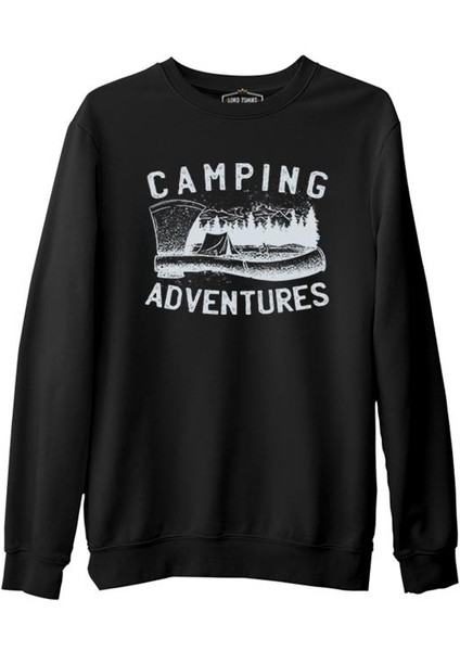 Camping Adventure Axe And Tent Siyah Erkek Kalın Sweatshirt