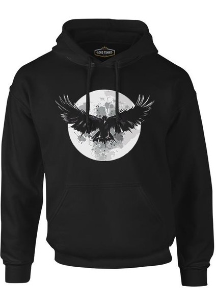 Raven Bird Wings And Moon Siyah Erkek Fermuarsız Kapşonlu