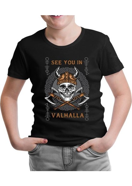 Viking Skull In Vallaha Siyah Çocuk Tshirt