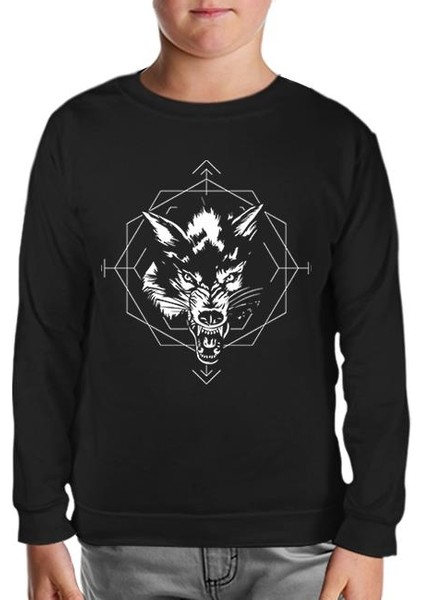 Wild Wolf Head In An Octagon Shape Siyah Çocuk Sweatshirt