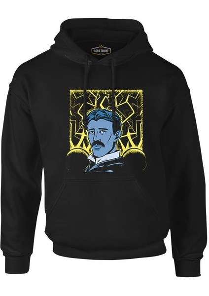 Nicola Tesla With An Electric Bacground Siyah Erkek Fermuarsız Kapşonlu