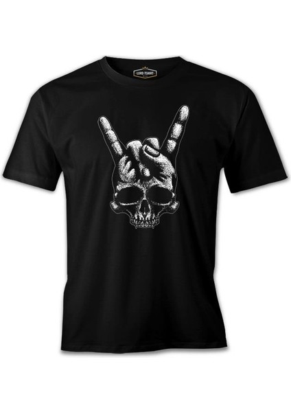 Skull Hand Making Rock Sign Siyah Erkek Tshirt