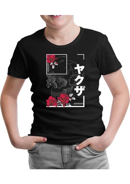 Japanese Quote And Flowers Over A Skull Siyah Çocuk Tshirt
