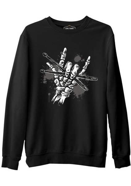 Skeleton Hand Holding Drumsticks Siyah Erkek Kalın Sweatshirt