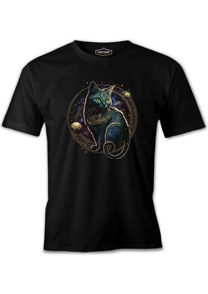 Magical Cat In Space With The Moon And Planets Siyah Erkek Tshirt