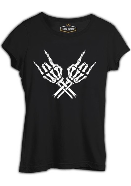 Skeleton Hands Doing Rock Gesture Siyah Kadın Tshirt