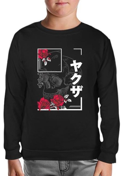 Japanese Quote And Flowers Over A Skull Siyah Çocuk Sweatshirt