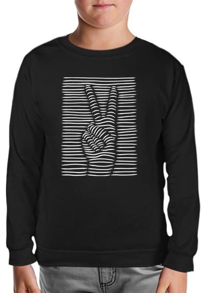 Peace Hand Sign In 3D Siyah Çocuk Sweatshirt