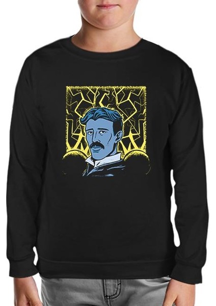 Nicola Tesla With An Electric Bacground Siyah Çocuk Sweatshirt