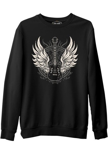 Guitar And The Wings Siyah Erkek Kalın Sweatshirt