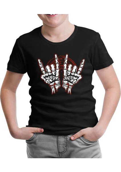 Skeleton Hands Making Rock Sign Siyah Çocuk Tshirt