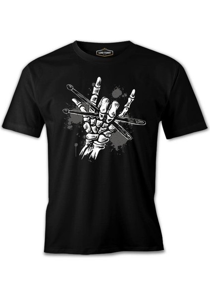 Skeleton Hand Holding Drumsticks Siyah Erkek Tshirt