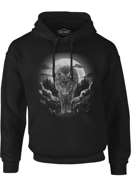 Wolf Walking In The Moonlight Siyah Erkek Fermuarsız Kapşonlu