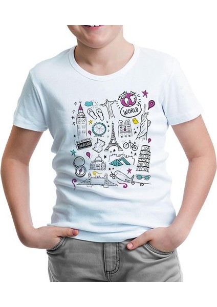 Travel The World Eiffel Pisa Liberty Big Ben Beyaz Çocuk Tshirt