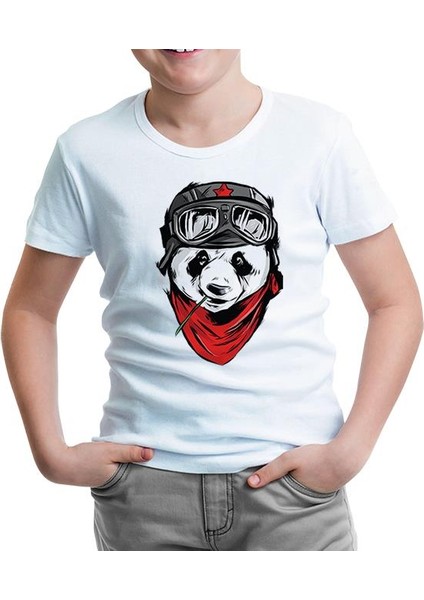A Panda With A Bamboo In The Mouth Beyaz Çocuk Tshirt
