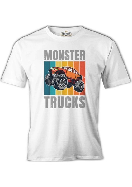 Monster Trucks Wit Retro Background Beyaz Erkek Tshirt