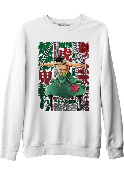 One Piece Roronoa Zoro With A Swords In The Mouth Beyaz Erkek Kalın Sweatshirt