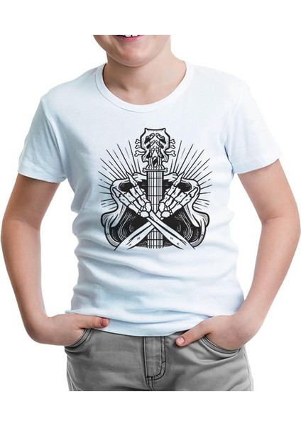 Skeleton Silhouette Making Rock Sign Beyaz Çocuk Tshirt