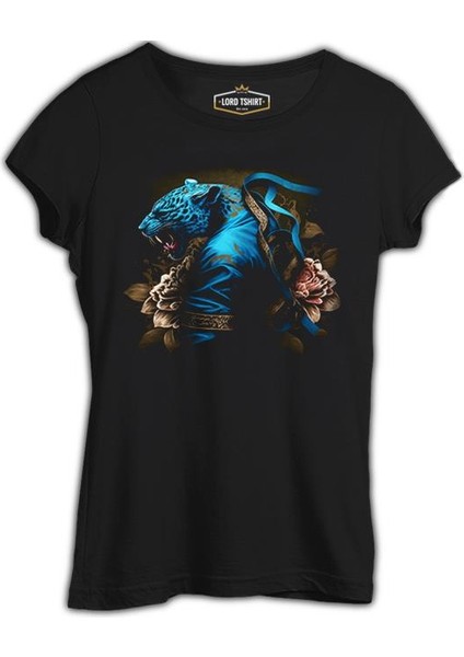 Blue Chinese Tiger With Flowers And Ribbon Siyah Kadın Tshirt