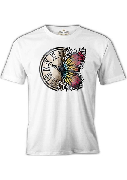 A Vintage Clock And A Colorful Butterfly Beyaz Erkek Tshirt