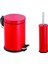 Çelik Kırmızı Banyo Seti Metal 3 Litre Pedallı Çöp Kovası ve Wc Fırçası Set 2