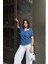 Indigo V Yaka, Kısa & Yarasa Kol, Kendinden Dokulu Kumaş, Basic Kalıp/kesim, Salaş Bluz & T-Shirt 4