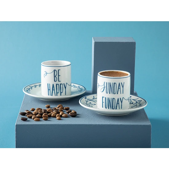 English Home Happy Sunday Porselen 2'li Kahve Fincan Takımı 80 ml Lacivert