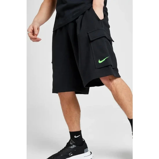 Nike Zig Zag Logo Fleece Kumaş Standart Kesim Erkek Siyah Kargo Spor Şort