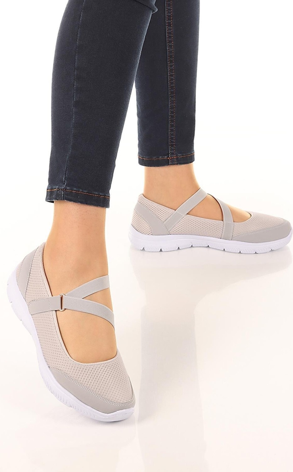İmershoes Kadın Babet Hava Alabilen Hafif Taban Esnek Gri Tekstil Ayakkabı Düz Taban