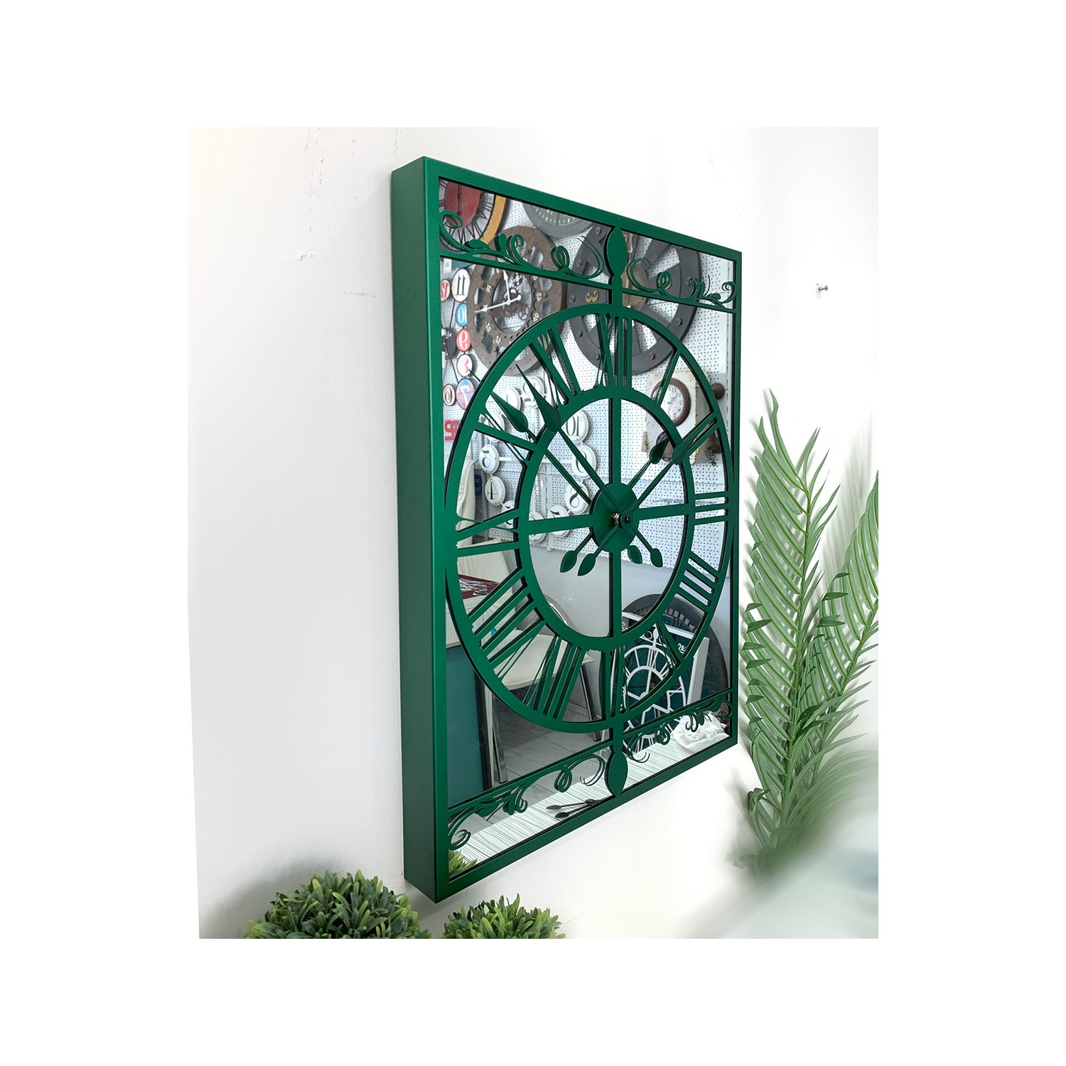 Platin Saat 60 x 45 cm Aynalı Yeşil Metal Lüks Duvar Saati Fiyatı