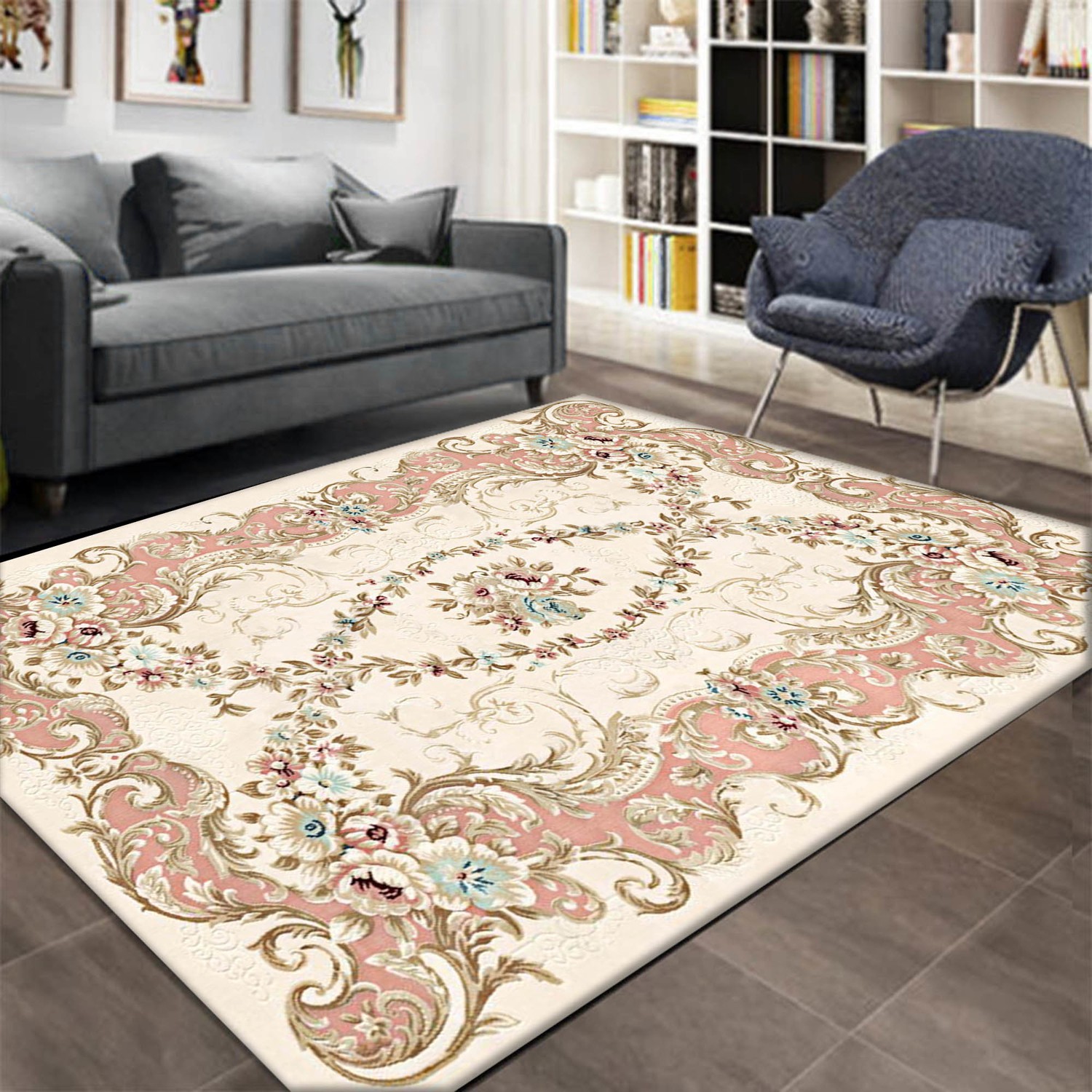 canel kahverengi mavi cicekler desenli lastikli hali ortusu fiyati