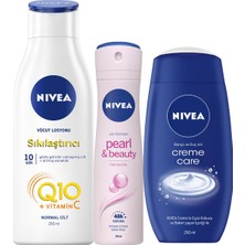 Nivea Q10 Fırmıng 250 ml + Nivea Pearl Beauty Sprey 150 ml + Nivea Crème Care 250 ml Duş Jeli