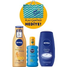 Nıvea Koruma & Bronzluk Sağlayan Güneş Spreyi SPF50+ 200ml + Nıvea Sıkılaştırıcı Doğal Bronzluk Sağlayan Vücut Losyonu 200 ml + Nıvea Crème Care Duş Jeli 250 ml + Plaj Çantası