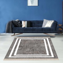 Bona Fortuna Gri Zemin Beyaz Çerçeveli Düz Model Dijital Baskı Yıkanabilir Modern Salon Halı ve Yolluk