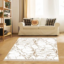 Bona Fortuna Beyaz Zemin Gold Çizgili Mermer Desenli Dijital Baskı Yıkanabilir Modern Salon Halı ve Yolluk