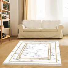 Bona Fortuna Beyaz Zemin Gold Çerçeveli Mermer Desenli Dijital Baskı Yıkanabilir Modern Salon Halı ve Yolluk