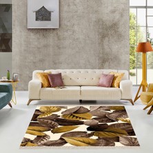 Bona Fortuna Beyaz Zemin Gold Yaprak Desenli Dijital Baskı Yıkanabilir Modern Salon Halısı Yolluk
