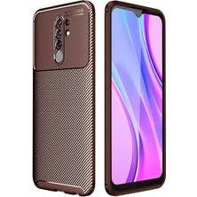 Tekno Grup Xiaomi Redmi 9 Kılıf Karbon Desenli Lux Negro Silikon Kahverengi + Tam Kaplayan 6D Nano Ekran Koruyucu