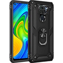 Tekno Grup Xiaomi Redmi Note 9 Kılıf Çift Katmanlı Yüzüklü Manyetik Vega Kapak Siyah + Tam Kaplayan 6D Nano Ekran Koruyucu