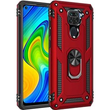 Tekno Grup Xiaomi Redmi Note 9 Kılıf Çift Katmanlı Yüzüklü Manyetik Vega Kapak Kırmızı + Tam Kaplayan 6D Nano Ekran Koruyucu