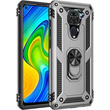 Tekno Grup Xiaomi Redmi Note 9 Kılıf Çift Katmanlı Yüzüklü Manyetik Vega Kapak Gümüş + Tam Kaplayan 6D Nano Ekran Koruyucu