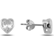 Gümüş Takı Dünyası Rodyum Kaplama Zirkon Taşlı Tektaş Kalp Gümüş Küpe