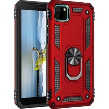 Tekno Grup Huawei Y5P Kılıf Çift Katmanlı Yüzüklü Manyetik Vega Kapak + Cam Ekran Koruyucu Kırmızı